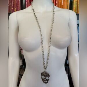 Silver Skull Long Pendant Necklace